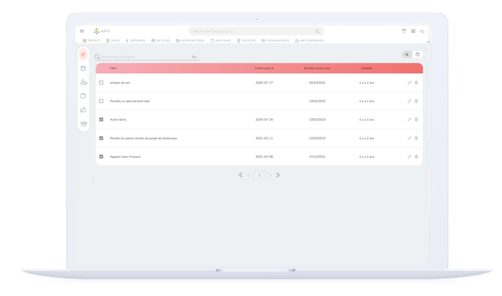 L'image affiche un écran d'ordinateur avec l'interface Web du logiciel apii. L'interface montre le module espace personnel, en détaillant le menu to-do liste qui regroupe les taches du collaborateur. La liste est principalement sur fond blanc, avec une liste surlignée en rouge.