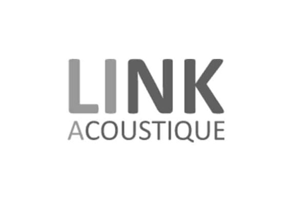 L'image montre un logo d'entreprise comportant les mots « LINK ACOUSTIQUE » en lettres majuscules grises sur fond blanc.