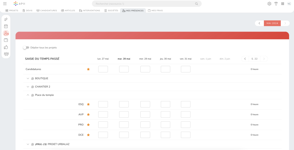 Une interface de suivi du temps à partir d'un outil de gestion de projet, affichant un calendrier hebdomadaire du 27 mai au 2 juin 2024. Elle répertorie divers projets tels que « CHANTIER 2 » et des tâches comme « ESQ », « AVP », « PRO » et « DCE" avec des cases à cocher pour enregistrer les heures de chaque jour.